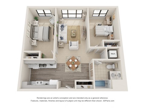 Floor plan for 2 beds, 1 bath, 856 sqft